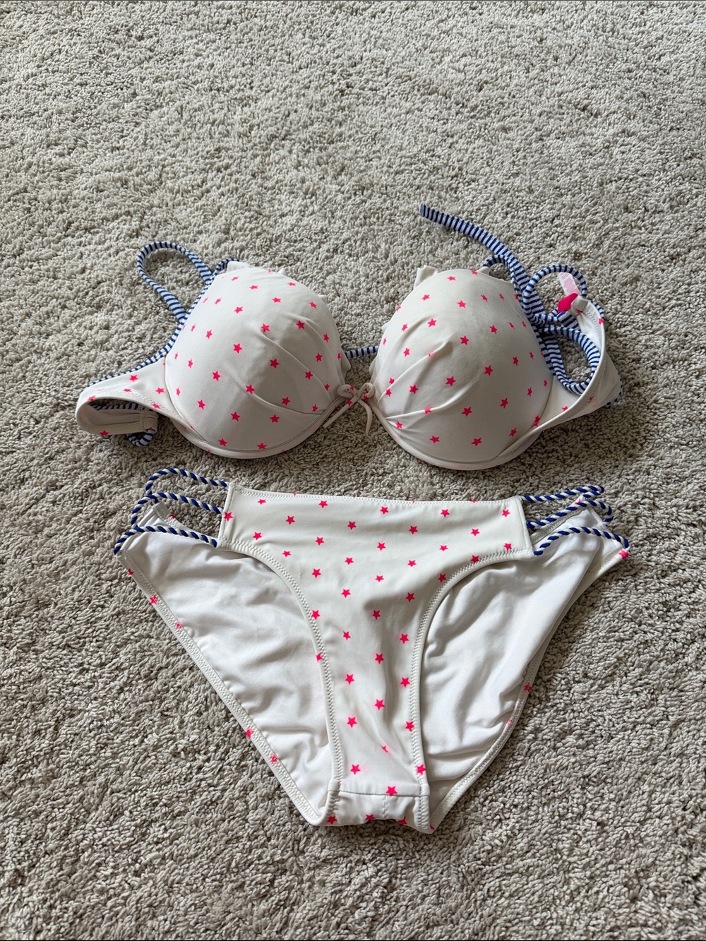 Victoria's Secret White Bikini with Hot Pink Stars & Blue Striped Ties